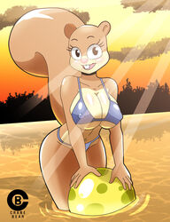 absurd_res anthro ball beach_ball bent_over big_breasts bikini blush breast_squish breasts clothing darktemplar2 female hi_res huge_breasts inflatable looking_at_viewer mammal nickelodeon nipple_outline partially_submerged rodent sandy_cheeks sciurid smile solo spongebob_squarepants squish straight_hair swimwear tree_squirrel