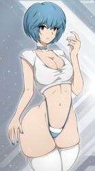 1girls big_breasts blue_hair bottom_heavy bottomwear breasts clothing curvy eye_contact female front_view highleg_panties huge_thighs human large_breasts looking_at_viewer narrow_shoulders navel neon_genesis_evangelion no_pants panties red_eyes rei_ayanami short_hair solo standing stockings thick_thighs thigh_bulge thigh_gap thigh_squish thighhighs thighs thin_arms thong wide_hips zonen404