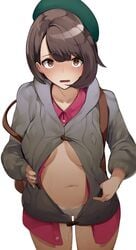 1girls blush bonnet breasts brown_eyes brown_hair cameltoe gloria_(pokemon) hat medium_breasts nintendo no_bra no_skirt panties pokemon pokemon_ss pussy_juice pussy_juice_drip short_hair solo sweat sweater undressing white_panties yuuyuu_(yuuki1771)