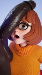 1boy 1girls 3d 3d_(artwork) 9:16 balls big_penis black_eyes blackedr34 blender brown_hair clothed dark-skinned_male dark_skin female freckles glasses hi_res highres huge_cock interracial open_mouth penis penis_awe penis_on_face scooby-doo sweater veiny_penis velma_dinkley very_dark_skin