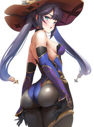 1girls absurdres ass ass_grab ass_support back bare_shoulders black_gloves black_hair blue_headwear blue_leotard blush bodystocking breasts brown_legwear choker commentary commentary_request detached_sleeves elbow_gloves female genshin_impact gloves gold_trim green_eyes hat hat_ornament hi_res highleg highleg_leotard highres huge_ass ipuu_(el-ane_koubou) leotard long_hair looking_at_viewer looking_back medium_breasts mona_(genshin_impact) open_mouth pantyhose revision simple_background solo sweatdrop thighlet thighs twintails white_background witch_hat