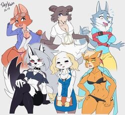 2021 6girls aggressive_retsuko alien anthro beastars blush bra breasts caitian_(species) canid canid_demon canine canis cat_girl cleavage clothed clothing crossover dated demon diane_foxington dog_girl domestic_dog dr._t'ana dreamworks eye_bags eyewear eyewear_on_head fangs felid female female_only fox fox_girl fur furry furry_only glasses glasses_on_head group hellhound helluva_boss hi_res humanoid illumination_entertainment inner_ear_fluff inui_(aggressive_retsuko) juno_(beastars) labcoat lingerie looking_at_viewer loona_(helluva_boss) mammal midriff office_lady orange_fur panties porsha_crystal red_sclera sanrio sing_(movie) sing_2_(movie) sitting skykain star_trek star_trek_lower_decks straight_hair tail the_bad_guys underwear whiskers wolf wolf_girl yellow_sclera