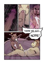 :3 absurd_res balls blush bodily_fluids brown_body brown_fur brown_hair canid canine canis closed_eyes comic cum cum_on_chest cum_on_face dialogue domestic_dog duo english_text felid fur furniture genital_fluids genitals hair hi_res humanoid_genitalia humanoid_penis internal internal_anal lion lying male male/male mammal motion_lines nipples pantherine penis pubes red_eyes sofa sweat t0l0k text yellow_body yellow_fur