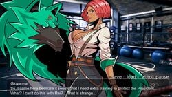 1boy 1girls ambiguous_gender belt big_lips black_fur blush boxing_ring brazilian brazilian_female breasts bronze_skin_color canine cleavage clothed collared_shirt curvy dark-skinned_female dark_skin dialogue duo english_text female female_focus feral fingerless_gloves forehead_mark giovanna_(guilty_gear) gloves green_eyes green_fur guilty_gear guilty_gear_strive gym highres human indoors large_breasts looking_at_viewer mammal pants pululon red_hair rei_(guilty_gear) shiny_skin short_hair side_view smile solo_focus spirit standing suspenders text text_box wolf