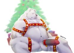 2021 absurd_res anthro balls christmas christmas_tree erection fur genitals hi_res holidays humanoid_genitalia humanoid_penis kajin-sama male mammal nipples penis plant polar_bear sitting solo tree ursid ursine white_body white_fur