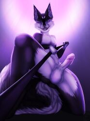 absurd_res anthro bondage digital_media_(artwork) domestic_cat dominant dominant_male felid feline felis fur genitals hi_res holding_object kneeling leash light male mammal master nude olexafox penis purple_theme simple_background smile smirk solo teeth_showing