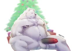 2021 absurd_res anthro balls christmas christmas_tree erection fur genitals hi_res holidays humanoid_genitalia humanoid_penis kajin-sama male mammal nipples penis plant polar_bear sitting solo tree ursid ursine white_body white_fur