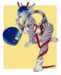 2018 5_fingers anthro bell bell_harness biped blue_hair candy candy_cane chest_tuft christmas dessert fake_antlers felid female fingers food fur hair harness hi_res holidays jinge_bell jingle_bell jingle_bell_harness lavenderpandy leaning leaning_forward licking_candy machairodontine mammal on_one_leg pose red_eyes serenity_turunen solo standing striped_body striped_fur stripes tail_tuft tufted_tail