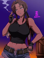 1girls black_lagoon breasts cigarette exposed_midriff female female_only fingerless_gloves fully_clothed gun gun_holster holster midriff navel okyou panties panty_peek revy shorts smoking solo tattoo weapon white_panties worm's-eye_view