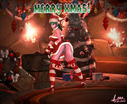 3d ass ass_spread asshole christmas christmas_tree dildo gaping gaping_anus green_hair half_naked high_heels highres horsecock_dildo looking_at_viewer night_elf pink_skin pussy thighhighs warcraft wet wetelflana world_of_warcraft