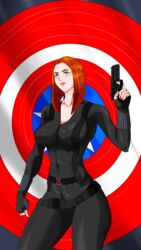 1girls alternate_version_available avengers black_widow_(marvel) breasts captain_america_(series) female female_only fully_clothed green_eyes latex_gloves latex_suit marvel marvel_cinematic_universe marvel_comics natasha_romanoff pistol red_hair solo supernova_(artist)