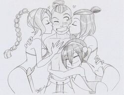 1boy 3girls aeolus06 athletic_female athletic_male avatar_the_last_airbender bare_shoulders barely_clothed bikini bikini_top blush bob_cut braid cleavage eyebrows_visible_through_hair eyes_closed flat_chest glomp group_hug hair_bun happy harem heart heart_shape heart_symbol hug hugging hugging_waist kissing kissing_cheek long_hair love lucky_bastard medium_breasts monochrome nickelodeon one-piece_swimsuit one_eye_closed petite polyamory size_difference sketch smile sokka standing suki swept_bangs swim_trunks swimsuit teenager tomboy toph_bei_fong topknot ty_lee upper_body wholesome