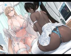 2021 2girls alternate_version_available ass ass_cleavage asuna_(blue_archive) back bangs bare_shoulders black_hair blue_archive blue_eyes blush breasts butt_crack chocolate_and_vanilla cleaning_&_clearing_(blue_archive) cleavage collarbone dark-skinned_female dark_skin dishwasher1910 fishnet_legwear fishnets grin hair_over_one_eye hat hi_res highres karin_(blue_archive) large_breasts light_brown_hair long_hair looking_at_viewer millennium_science_school_student multiple_girls nurse_cap ponytail smile thighhighs thighs very_high_resolution white_legwear yellow_eyes