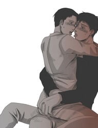 2boys attack_on_titan berthold_huber bertolt_hoover black_and_white black_hair brunet gay gay_sex half_naked kissing male_only marco_bodt shingeki_no_kyojin tongue_out yaoi