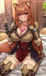 1girls animal_ears big_breasts blush breasts brown_hair enmanuelart20 eye_contact female fully_clothed large_breasts long_hair looking_at_viewer raphtalia slave slave_crest solo tate_no_yuusha_no_nariagari thighs