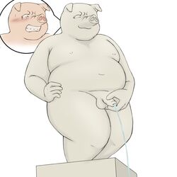 2021 anthro balls belly bodily_fluids crying domestic_pig genitals jackboot_ihi male male_focus male_only mammal navel nipples overweight peeing penis sculpture solo solo_male statue suid suina sus_(pig) tears young