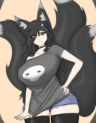 beetlebug big_breasts black_fur black_hair choker ear_piercings eyeshadow fox_ears fox_tail fox_tails goth hair_covering_eye hair_ornament kemonomimi kitsune large_breasts long_hair looking_at_viewer looking_down looking_down_at_viewer neckband nirya_(beetlebug) pulling_down_shirt purple_eyes shirt short_shorts thigh_squish thighhigh_squish thighhighs