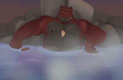 2020 anthro balls barely_visible_balls barely_visible_genitalia barely_visible_penis bathing dippubear genitals hi_res humanoid_hands male musclegut overweight overweight_male penis red_body scalie sitting solo water