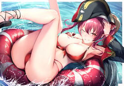 1girls 2020 8gou ;d afloat armpits arrow_through_heart ass bangs bare_legs bare_shoulders bikini black_footwear black_headwear blush breasts cleavage epaulettes eyebrows_visible_through_hair female female_focus female_only grin hand_on_own_chest hat hololive hololive_fantasy hololive_japan houshou_marine innertube large_breasts legs_up long_hair long_sleeves looking_at_viewer lying o-ring o-ring_bikini off_shoulder on_back one_eye_closed open_mouth pirate_hat purple_hair red_bikini red_eyes red_hair sandals skindentation smile solo solo_female swimsuit teeth thighs twintails v-shaped_eyebrows virtual_youtuber water