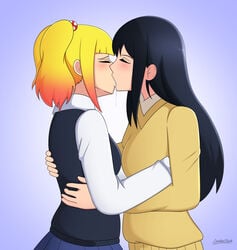 2girls artist_name black_hair blonde_hair blush closed_eyes clothed clothing female female_only fully_clothed gradient_background kissing lackatask long_hair mieruko-chan niguredou_yuria saliva saliva_drip sweater twintails upper_body yotsuya_miko yuri