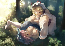 2girls absurdres alternate_eye_color areolae bangs baozishark blue_headwear blue_sash blurry blush bow bow_panties bra breasts clitoris closed_eyes clothing_aside commentary_request cunnilingus dappled_sunlight depth_of_field elbow_gloves forest gloves grass hat hat_ribbon highres long_hair lying medium_breasts mob_cap multiple_girls nature nipples no_shoes obi on_back on_grass oral outdoors panties panties_aside pantyhose parted_bangs parted_lips pink_hair purple_eyes red_ribbon ribbon sash see-through_legwear shiny shiny_hair short_hair sidelighting sidelocks soles sunlight tabard thighband_pantyhose thighhighs toes touhou tree triangular_headpiece underwear veil white_bra white_gloves white_headwear white_legwear white_panties yukari_yakumo yuri yuyuko_saigyouji