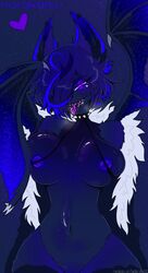 anthro blush bodily_fluids breasts dragon fangs female fur hair hi_res looking_at_viewer nipples norakaru open_mouth open_smile purple_body purple_eyes purple_fur purple_hair saliva smile solo tongue tongue_out wings