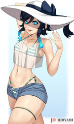 1boy arms_behind_back arms_behind_head arms_up bangs black_hair blue_eyes braids crossdressing denim_shorts femboy genshin_impact girly gradient_hair hioyami looking_at_viewer male multicolored_hair navel open_mouth see-through_clothing shadow_on_eyes simple_background skindentation solo solo_focus sun_hat thick_thighs thighs trap twin_braids venti_(genshin_impact)