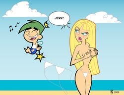 00s 1boy 1girls 2000s 2000s_(style) 2000s_and_2010s_style 2009 5_fingers accidental_exposure annoyed bangs beach big_breasts bikini bikini_top bikini_top_removed blonde_hair blue_sky blunt_bangs blush britney_britney_(fairly_oddparents) cloud cosmo_cosma covering_breasts cowboy_shot crown day daytime dialogue dialogue_bubble english_text female floating full_body green_eyes green_hair hand_on_breast hands_covering_breasts legs_together light-skinned_female light-skinned_male lipstick long_hair magic_wand musical_note navel nickelodeon nicktoons ocean outdoors pink_lipstick sftoon side-tie_bikini_bottom speech_bubble standing stolen_bikini stolen_swimsuit straight_hair swimsuit the_fairly_oddparents white_bikini white_swimsuit