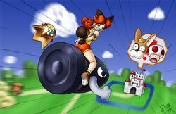 arms_tied_behind_back bondage bound_ankles bullet_bill female gag gagged green_eyes looking_at_viewer looking_back mario_(series) mario_tennis nintendo orange_hair peril princess_daisy raccoon_daisy raccoon_ears raccoon_tail shaxbert super_mario_bros._3 tape_gag toad_(mario)