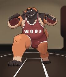 1boy 2020 anthro balls_outline black_body black_fur brown_body brown_fur bulge canid canine canis dippubear domestic_dog fur genital_outline hi_res humanoid_hands male mammal overweight overweight_male penis_outline solo solo_male wrestling_singlet