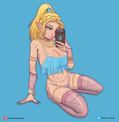 big_breasts big_lips bimbo bimbo_lips bimbofied blonde blonde_hair blue_eyes busty cleavage elf_ears french_nails hoop_earrings hoop_earrings_oversized long_fingernails long_nails manaart manaomega nail_polish painted_fingernails painted_nails pointy_ears princess_zelda revealing_clothes selfie skimpy_clothes the_legend_of_zelda thick_lips thighhighs top_heavy zelda_(breath_of_the_wild)