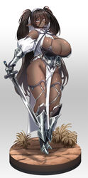 1girls armor armored_boots armored_gloves bangs bare_ass bare_shoulders bare_thighs barely_visible_genitalia bikini_armor black_hair breasts dark-skinned_female dark_elf dark_elf_(konoshige) dark_skin ear_piercing earrings elf elf_ears elf_female elf_girl eyebrows_visible_through_hair eyelashes eyeliner fantasy female female_only gauntlets grey_eyes hair_between_eyes heels highleg holding_object holding_weapon huge_breasts konoshige_(ryuun) large_breasts long_gloves long_hair looking_at_viewer no_panties original overflowing_breasts pelvic_curtain plump pointy_ears ponytails ryuun_(stiil) silver_eyes standing sword tagme thick_thighs thigh_gap thighs twintails weapon wide_hips