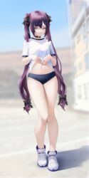 1girls absurd_res bare_legs blue_eyes buruma choker clothes_lift female full_body genshin_impact highres hiki_niito hiki_nito light-skinned_female light_skin looking_at_viewer midriff mona_(genshin_impact) outdoors purple_hair shirt_lift small_breasts sneakers solo stomach