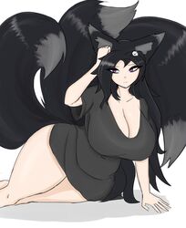 3_tails baggy_clothing baggy_shirt beetlebug big_breasts black_fur black_hair eye_shadow fox_ears fox_tail fox_tails goth kemonomimi kitsune large_breasts large_thighs long_hair looking_away nirya_(beetlebug) purple_eyes tail thick_thighs