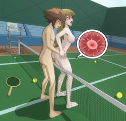 1boy 1boy1girl 1girls alexis_rhodes areolae blonde_hair blush breasts brown_eyes brown_hair closed_eyes cum cum_in_pussy esejota female from_behind impregnation jaden_yuki male nipples nude ovum ovum_with_heart sex straight tennis_ball tennis_court tennis_racket two_tone_hair yu-gi-oh! yu-gi-oh!_gx