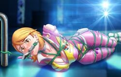 alternate_costume arms_tied_behind_back bondage bound_ankles bound_feet bound_legs brown_eyes evoker gag gagged improvised_gag looking_at_viewer lyxella orange_hair persona persona_3 persona_4_arena yukari_takeba