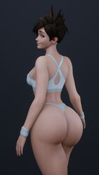 1girls 3d 4k absurdres ass athletic athletic_female blender bottomwear brown_eyes brown_hair bubble_butt cpt-flapjack earrings female female_focus female_only freckles highres huge_ass human light-skinned_female looking_at_viewer looking_back overwatch pawg piercings smile smiling smiling_at_viewer solo sports_bra thong topwear tracer viewed_from_behind workout_clothes wristband wristwear