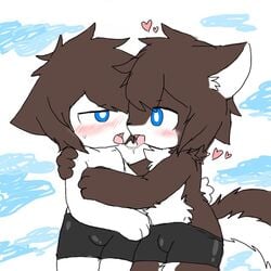 blue_eyes blushing brown_hair changed_(video_game) colin_(changed) furry gas_wolf_(changed) gay heart human kissing lin_(changed) saliva sanu(サヌ) selfcest shorts