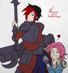 2girls ash_(paladins) ass female female/female female_focus female_only maeve_(paladins) multiple_girls negum_akil paladins pink_hair red_hair weapon yuri