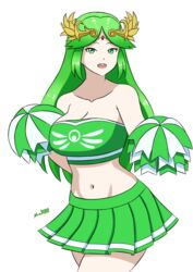 1girls alternate_costume big_breasts breasts cheerleader cheerleader_uniform clothed clothing female female_only goddess green_eyes green_hair green_skirt kid_icarus kid_icarus_uprising large_breasts long_hair looking_at_viewer midriff milf miniskirt navel nintendo palutena pom_pom_(cheerleading) pom_poms sealllll skirt solo strapless_top tagme thick_thighs tiara wide_hips