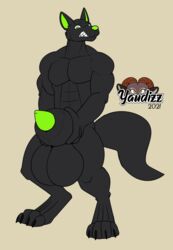 2021 4_toes abs animal_genitalia animal_penis anthro balls big_balls big_sheath biped black_balls black_body black_claws black_ears black_fur black_tail canid canine canine_penis claws digital_drawing_(artwork) digital_media_(artwork) digitigrade feet fingers fluffy fluffy_tail full-length_portrait fur genitals green_nose green_penis hi_res huge_balls huge_sheath hyper hyper_genitalia hyper_sheath long_tail looking_at_viewer male mammal muscular muscular_anthro muscular_male nude penis portrait sharp_teeth sheath signature simple_background solo standing tan_background teeth toe_claws toes yaudizz