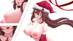 1girls 3koma arched_back areola areolae ass bangs bare_shoulders big_breasts blush breasts brown_hair christmas collarbone drooling female genshin_impact hair_between_eyes hand_on_breast hu_tao_(genshin_impact) huge_breasts large_breasts leaning_forward long_hair looking_at_viewer looking_pleasured naked nipples nude one_eye_closed open_mouth plain_background pleasure_face red_eyes ribbon saliva santa_hat shoulders sideboob simple_background solo sweat sweatdrop sweaty sweaty_breasts toki_to_shishin tongue tongue_out white_background wink yellow_eyes