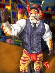 ! anthro blush bulge clothed clothing embarrassed erection erection_under_clothing felid gloves handwear hi_res lifewonders male male_only mammal muscular muscular_anthro muscular_male necktie nomad_(tokyo_afterschool_summoners) pantherine shocked_expression solo tenting tiger tokyo_afterschool_summoners topwear underwear vest video_games yom_mido_plus