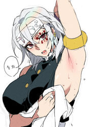 arm_up armband armlet armpit armpit_fetish armpits bechu colored_sketch demon_slayer facial_mark female female_only genderswap_(mtf) headband kimetsu_no_yaiba looking_at_viewer no_bra red_eyes rule_63 sideboob sleeveless solo sweat towel upper_body uzui_tengen white_hair