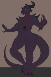 anthro breasts claws dragon fangs female genitals hi_res horn mature_female misstake_mushroom multi_eye nipples non-mammal_breasts non-mammal_nipples nude open_mouth open_smile orange_eyes purple_body pussy simple_background smile solo tattoo