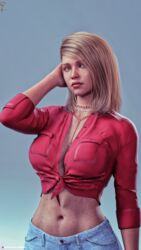 1girls 3d bare_midriff clothed clothing female female_only jeans large_breasts lillian_(xasurax) necklace original original_character pinup red_shirt shirt slushe_(website) solo solo_female xasurax