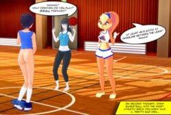 1boy 2girls 3d bottomless_male dialogue embarrassed_nude_femboy english_text female femboy lola_bunny looney_tunes male misunderstoodsecrets multiple_girls nintendo pantsed pinching_gesture small_penis_humiliation space_jam text warner_brothers wii_fit_trainer