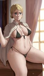 1girls attack_on_titan belly_button bikini black_bikini blonde_hair blue_eyes breasts collar curvy curvy_figure female female_only historia_reiss looking_at_viewer medium_breasts savagexthicc shingeki_no_kyojin side-tie_bikini sitting solo solo_female swimsuit thick thick_thighs voluptuous