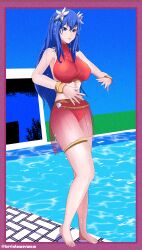 alternate_costume bare_legs barefoot big_breasts bikini blue_eyes blue_hair breasts caeda_(fire_emblem) caeda_(summer)_(fire_emblem) covered_nipples female female_only fire_emblem fire_emblem:_mystery_of_the_emblem fire_emblem:_shadow_dragon_and_the_blade_of_light fire_emblem_heroes flower hair_flower kevin_tower large_breasts long_hair nintendo official_alternate_costume red_bikini red_swimsuit see-through solo solo_female swimming_pool swimsuit water wet