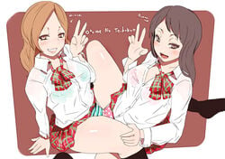 2girls bra bra_visible_through_clothes brown_eyes brown_hair character_name clothed clothing hazel_hair kujou_ayano miyamoto_issa multiple_girls otome_no_teikoku panties sakurai_miyoshi school_uniform see-through see-through_clothing text tribadism tribadism_through_clothing v wet wet_clothes yellow_eyes yuri